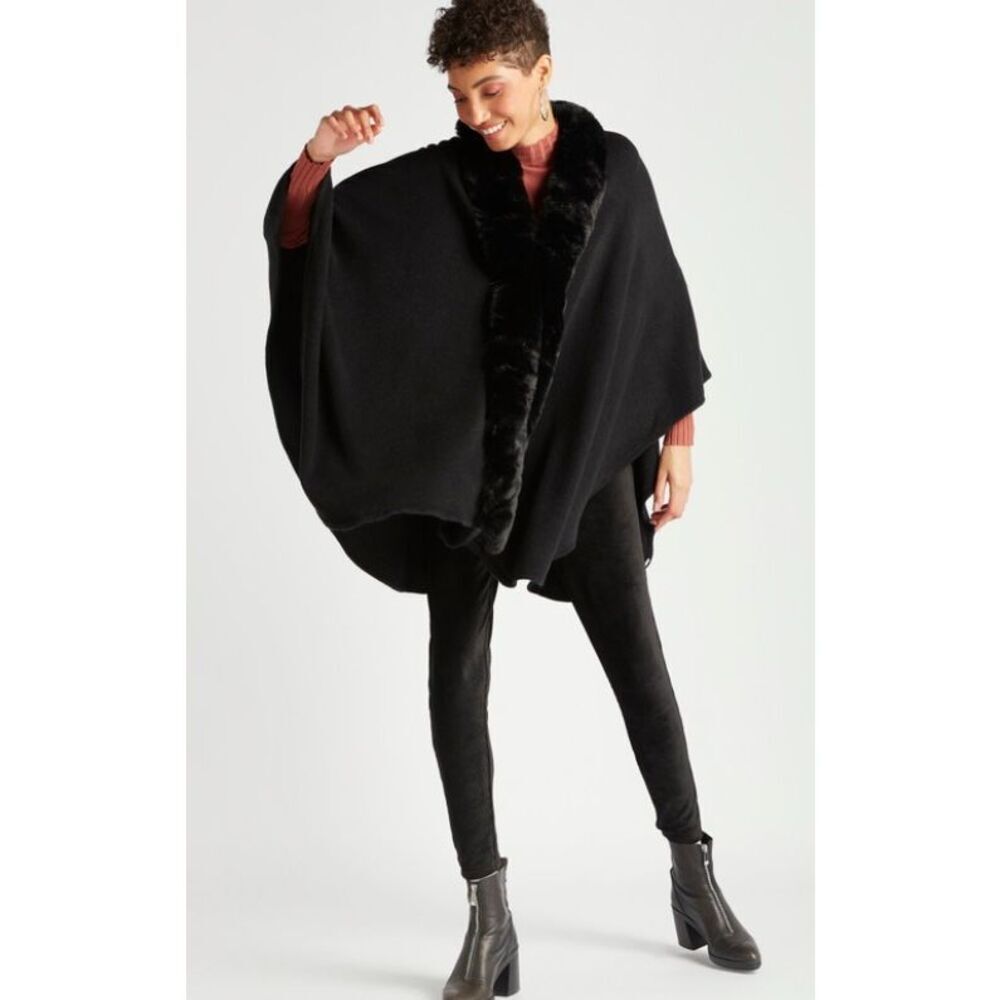 Faux Fur Trim Solid Cape